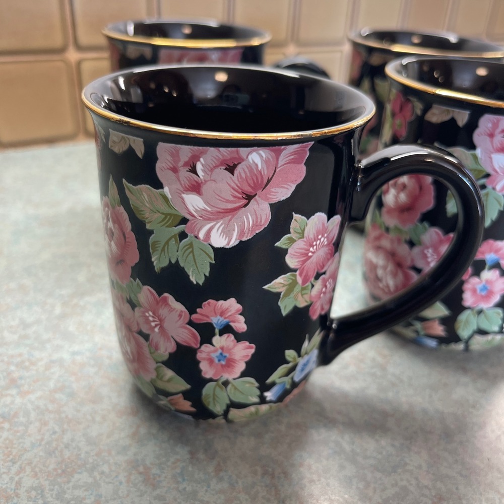 Vintage Otagiri Floral Garden Tavistock Mugs Made in Japan Black Floral Set of 4